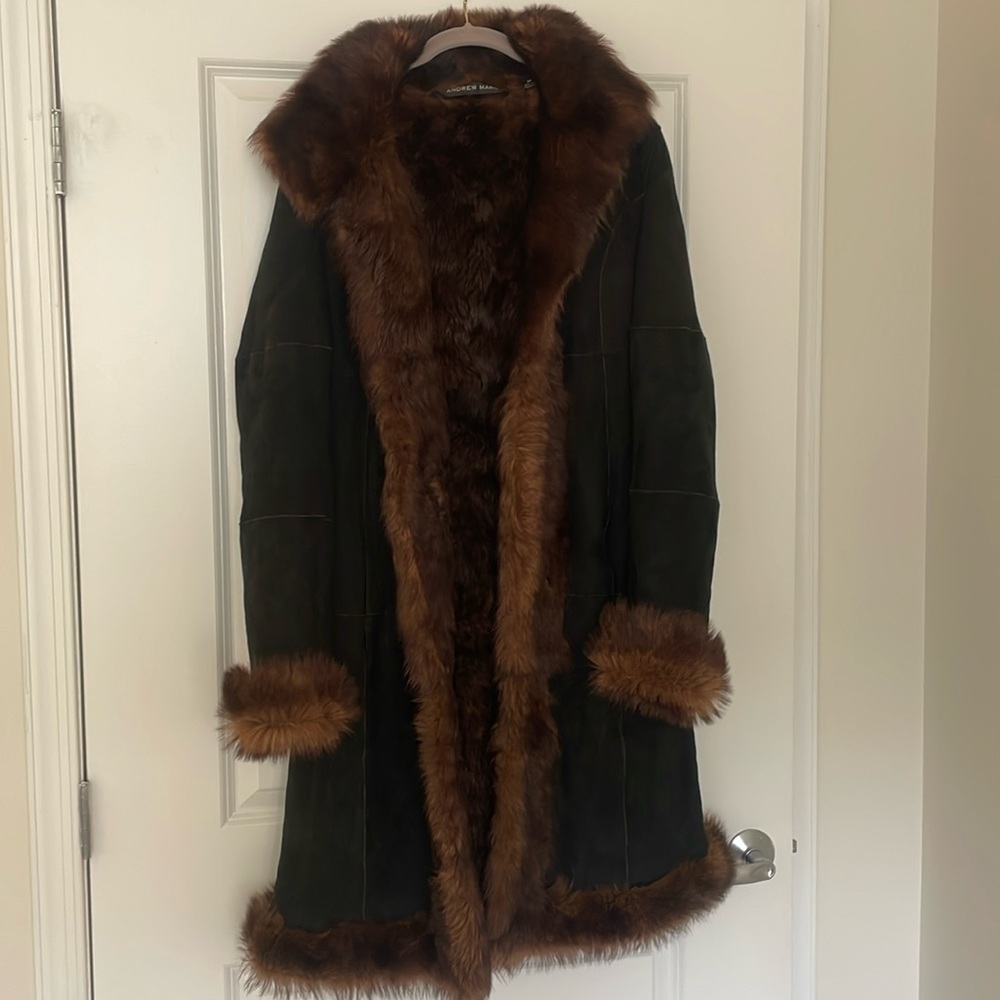 Authentic fur and suede long coat